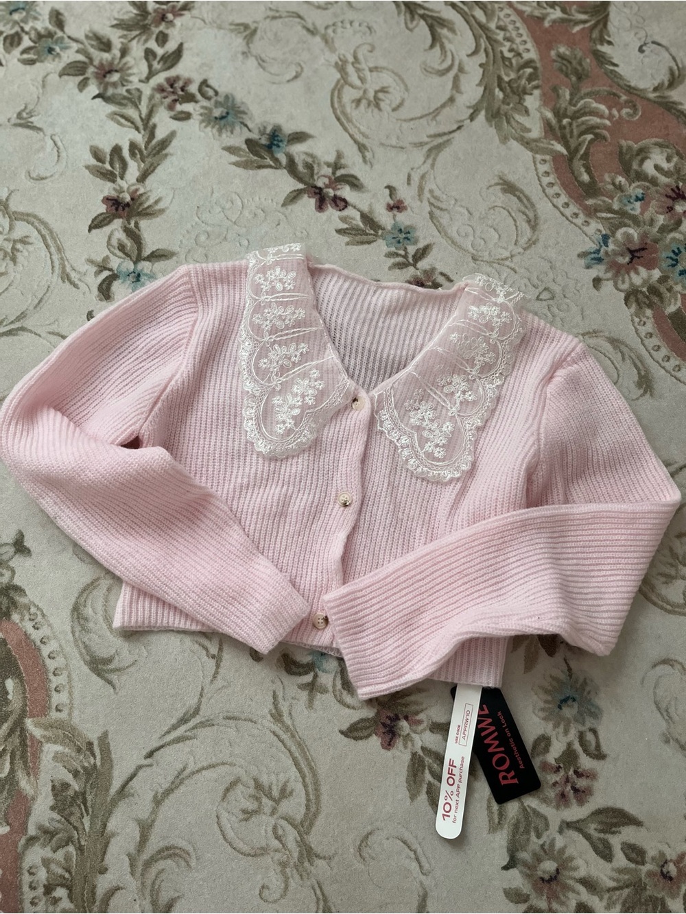 ROMWE Light Pink Ribbed Sweater with Lace Trim